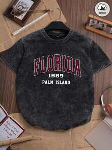 Es Trus, Algodón, Camiseta de manga corta de cuello redondo casual de estilo punk negro de ajuste ceñido, lavada, con estampado gráfico personalizado "Letra de Florida" de moda retro cómoda de estilo callejero coreano, versatil, para mujer, estilo de nicho Y2K(Retro style, sporty style, unisex) - Negro - Ver 1