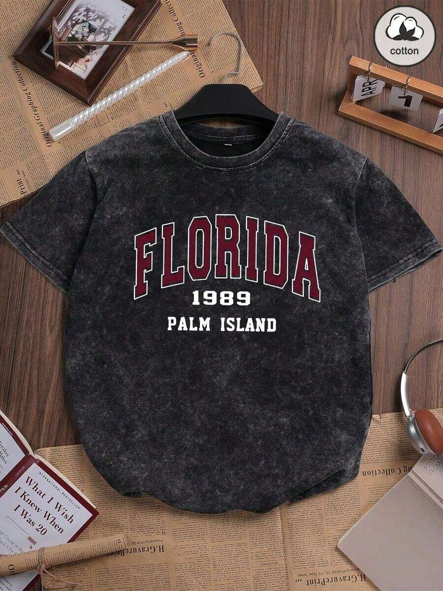 Es Trus, Algodón, Camiseta de manga corta de cuello redondo casual de estilo punk negro de ajuste ceñido, lavada, con estampado gráfico personalizado "Letra de Florida" de moda retro cómoda de estilo callejero coreano, versatil, para mujer, estilo de nicho Y2K(Retro style, sporty style, unisex) - Negro - Ver 1