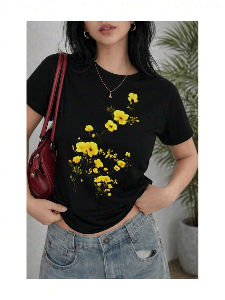 Soft 100% Cotton Women's T-Shirt, Yellow Floral Print, Minimalist, Soft Touch, Short Sleeve, Round Neck, Spring Summer, Casual, Comfortable For Everyday Wear, Breathable Cotton T-Shirt, Matches Everything, Cool. - 黑色 - 查看 1