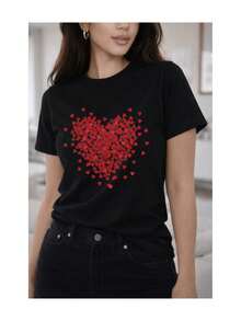 Soft 100% Cotton T-Shirt, Short Sleeve, Heart Mosaic Sleeve Print, Romantic Casual Style, Micro Hearts, Breathable Cotton T-Shirt, Goes With Everything, Great. - 黑色 - 查看 6