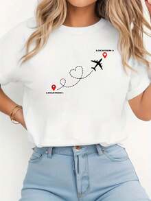 Women's "Flying Love" Graphic Print T-Shirt - Casual Short Sleeve Crew Neck Top With Heart And Airplane Design, Lightweight For Spring/Summer | Fun Design Shirt |  Casual Wear, Airplane T-Shirt, Comfortable Cotton T-Shirt - 白色 - 查看 6