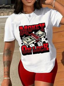 Women's Casual Summer T-Shirt With Dollar Print, Round Neck, Short Sleeve, Women's Clothing - 白色 - 查看 7