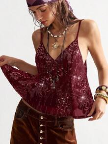 Camiseta de tirantes finos sin mangas de verano con lentejuelas de moda casual para mujeres - Burdeos - Ver 9