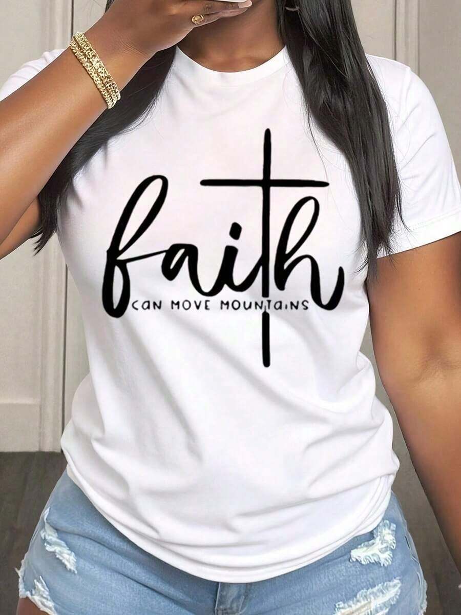 Camiseta de manga corta para mujer con cuello redondo, estampado "La fe puede mover montañas", frases inspiradoras de fe cristiana para uso casual diario. - Blanco - Ver 1
