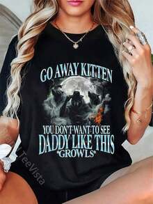 Camiseta de Mujer Estilo Vintage Urbano UniGo Away Kitten, Funny Bootleg Daddy Sigma Wolf, 100% Algodón Transpirable - Negro - Ver 1