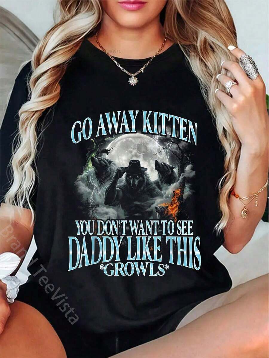 Camiseta de Mujer Estilo Vintage Urbano UniGo Away Kitten, Funny Bootleg Daddy Sigma Wolf, 100% Algodón Transpirable - Negro - Ver 1