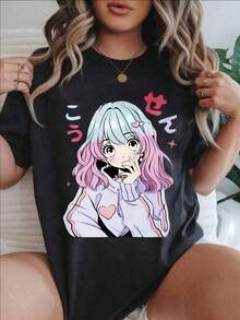 Under The Radar Casual T-Shirt With Anime Print Of A Girl With Pink Hair And Heart Details, Suitable For All Seasons

-White 100% Cotton Suitable For Versatile Casual Wear In Spring, Summer And Autumn-Vintage Street Style Unisex Loose Cotton Short Sleeve Crew Neck T-Shirt - 黑色 - 查看 6