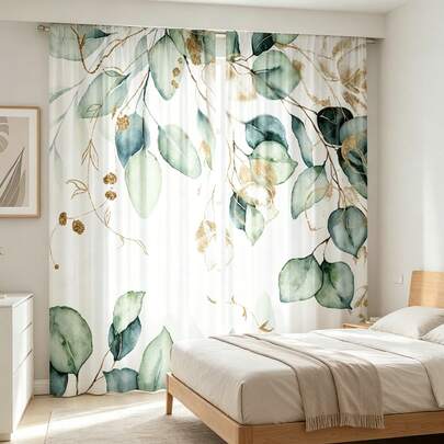 2 piezas Cortinas semiopacos con patrón de plantas verdes en acuarela, diseño sin varilla, colgado con bolsillo para varilla, estilo fresco Mori para sala de estar, cocina, decoración del hogar, divisor de habitaciones, tela de poliéster, lavable a máquina/a mano