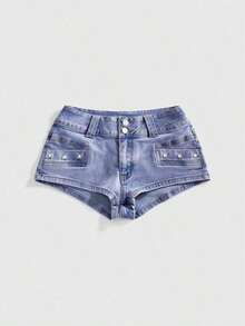 SHEINxHITOMI ROMWE Shorts de Mezclilla para Mujer, Estilo Vintage, Desgastados, de Cintura Baja, con Tachuelas y Calaveras, Sexy - Celeste - Ver 8