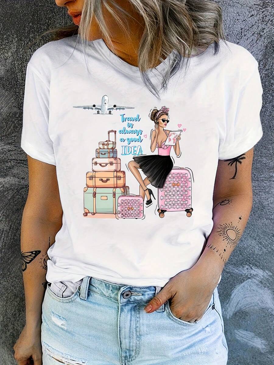 Women's Graphic Travel T-Shirt - "Traveling Is A Good Idea" Design With Suitcase And Airplane Illustration, Casual Crew Neck, Short Sleeves, Easy Care Fabric, Perfect For All Seasons Y2k T-Shirt Shirt - 白色 - 查看 1
