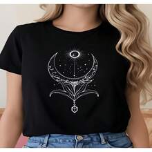 Women's Cotton Round Neck Short Sleeve T-Shirt With Moon Sun Graphic Print Black Casual And Chic Top - 黑色 - 查看 1