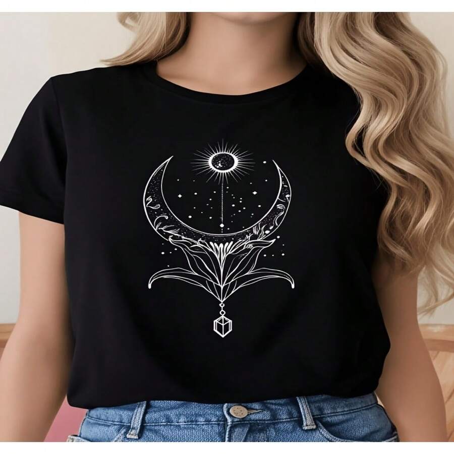 Women's Cotton Round Neck Short Sleeve T-Shirt With Moon Sun Graphic Print Black Casual And Chic Top - 黑色 - 查看 1