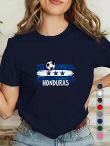 Women's T-Shirt With The Honduran Flag - Casual Short-Sleeved T-Shirt With A Round Neck And Loose Fit, Featuring The Coat Of Arms And Colors Of The Honduran Flag. Suitable For Spring And Summer Wear, It Can Be A Gift To Express Honduran Cultural Pride. Ideal For Everyday Use, This Cultural Clothing Is Machine Washable. - 黑色 - 查看 7