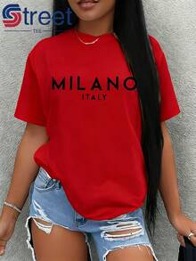 Camiseta con estampado de la ciudad italiana MILÁNO, estilo retro sencillo, ropa de recuerdo de viaje, camiseta casual para mujer, ropa de mujer, ropa de verano, camiseta ligera de manga corta, holgada, sencilla y elegante, moderna y versátil. - Rojo - Ver 12