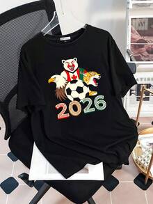 Image Of An Eagle, A Polar Bear, And A  Surrounding A Soccer Ball Next To The Number 2026, Symbolizing The Sporting Union Between Northern Countries And The Passion For World Soccer. Women's T-Shirt, 100% Cotton, Casual, Comfortable For Sports Fans - 黑色 - 查看 3