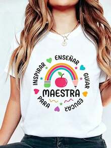 Y2K Teacher T-Shirt With Vibrant Rainbow Design And Educational Elements. Inspire And Teach In Style. Unique To Show Your Love For Teaching. Ideal For Teachers. Modern And Fun, Perfect For Everyday Wear At School Or Casual Activities. - 白色 - 查看 1