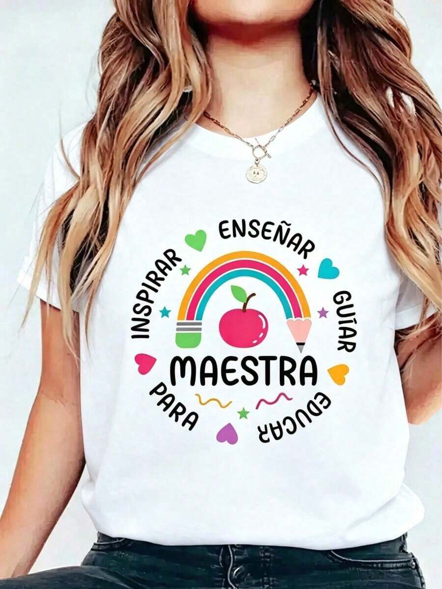 Y2K Teacher T-Shirt With Vibrant Rainbow Design And Educational Elements. Inspire And Teach In Style. Unique To Show Your Love For Teaching. Ideal For Teachers. Modern And Fun, Perfect For Everyday Wear At School Or Casual Activities. - 白色 - 查看 1