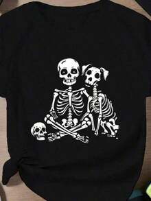 NewSummerCasualCamiseta playera versatile, suitable for streetwear, daily outings, camping, concerts, hip-hop, rock, and cuello redondo mujer casual estampado halloween contraste esqueletos negra holgada cuello redondo manga corta primavera verano fiesta Halloween T-shirt-Vintage Street Style Unisex Loose Cotton Short Sleeve Crew Neck T-Shirt - Negro - Ver 2