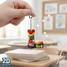 1pc 2D Flat Acrylic Alphabet Keychain, Rainbow Letter Key Ring With School Theme Decor, Personalized Initial Bag Charm, - Multicolor - View 12