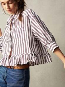 Camisa de rayas tejida para mujer con cuello, manga 3/4 con volantes y corte holgado, ideal para vacaciones - Marrón - Ver 3
