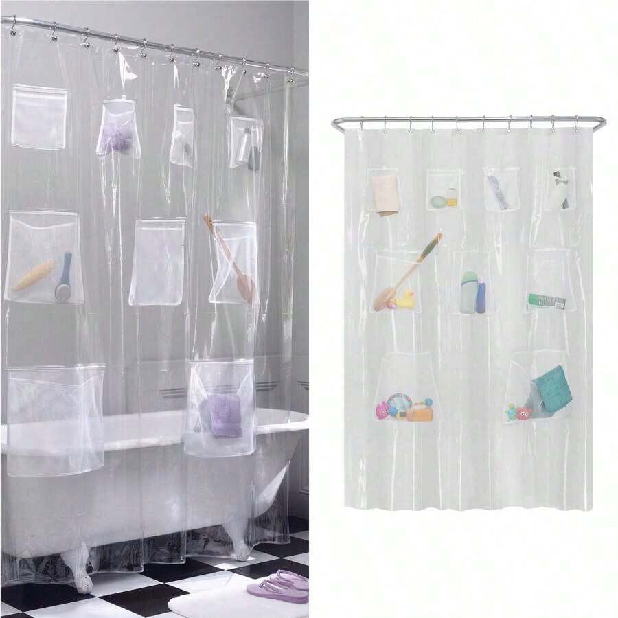Transparent Shower Curtain Liner With 9 Mesh Storage Pockets, Waterproof PEVA Plastic Lining For Bathrooms, Clear Shower Curtain Storage Bag, Dimensions 70 X 72 Inches - Multicolor - 查看 1