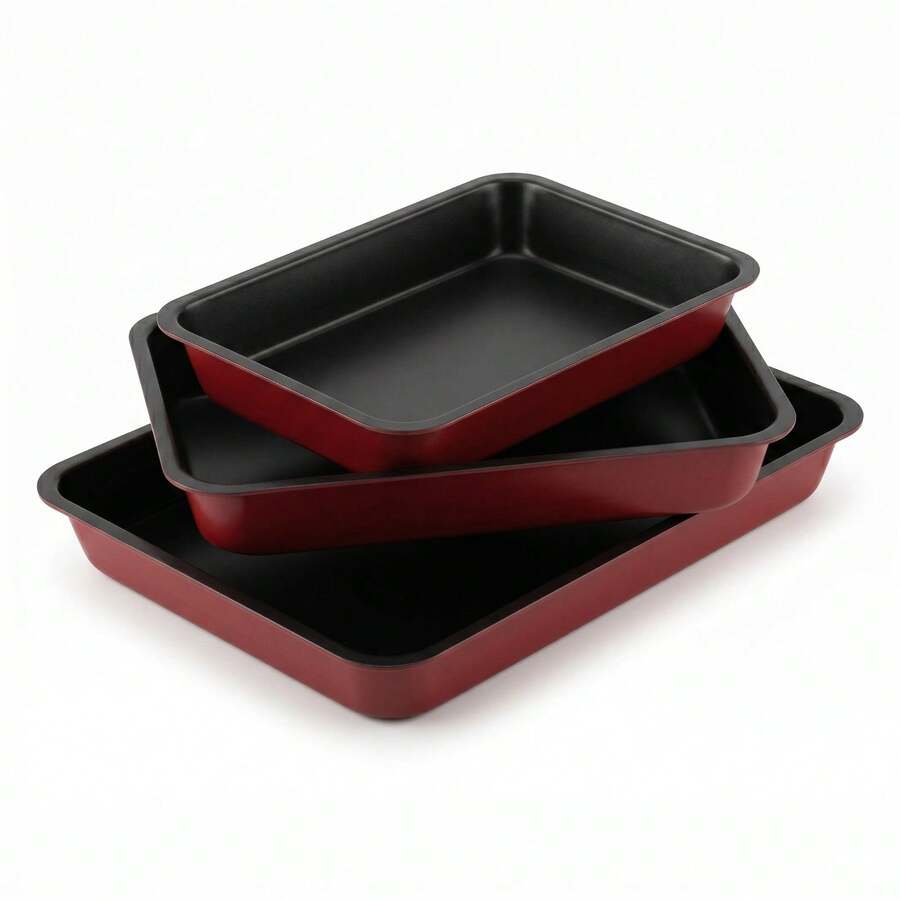3 Pcs Non Stick Oven Bakeware Tray Set Roasting Pan Dish Baking Sheets Carbon Steel Kitchen Bake Trays For Cake Cookies Meat Durable Cooking Set - View 1
