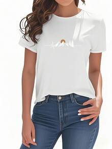 Women's T-Shirt With A Mountain Sunset And Heartbeat Print, Short Sleeves And Round Neck,  And Versatile Style, Suitable For Casual Wear, Sports, Home, Travel And Dates, Pure Cotton Women's T-Shirt With Print. - 白色 - 查看 1