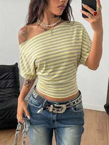 Camiseta esencial de uso diario con cuello asimétrico y cintura ceñida, apta para todo el año, para conciertos y raves con estilo Y2K para mujeres - Multicolor 10 - Ver 4