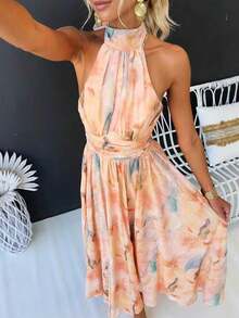Nuevo vestido mujer verano 2026, estilo de vacaciones, sin mangas, estampado y con espalda descubierta. - Multicolor - Ver 1