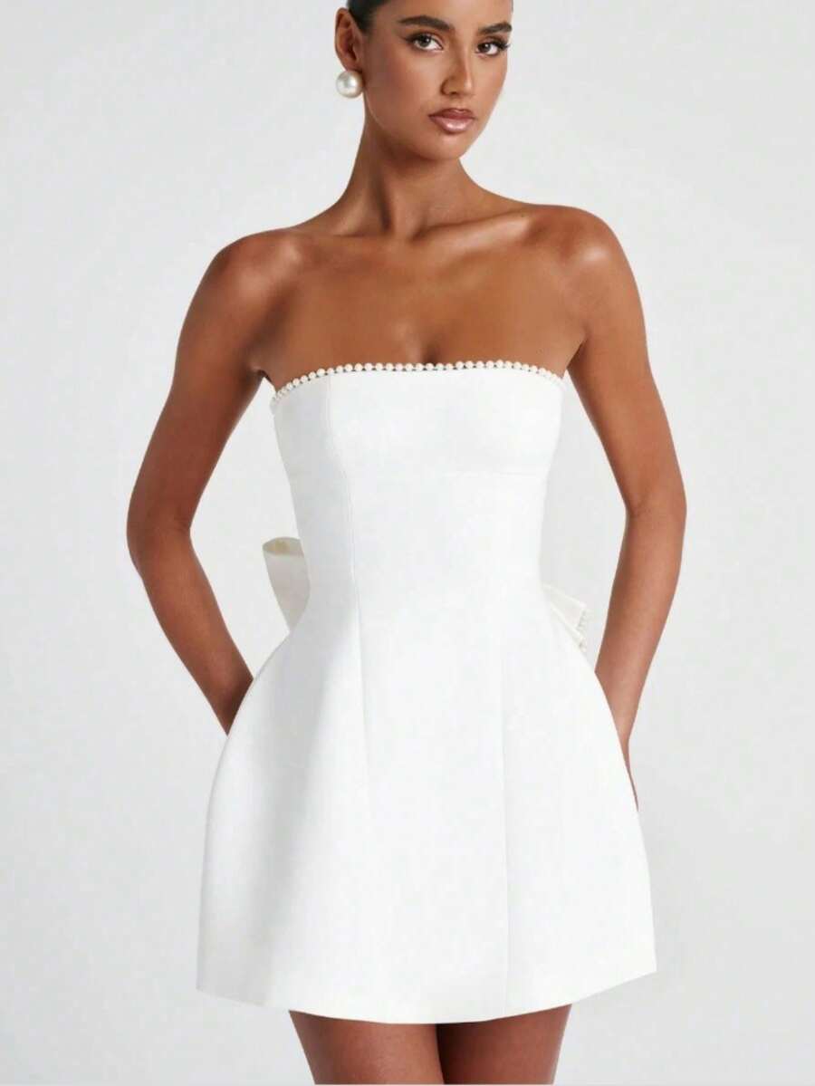 Vestido Falda A Sin Mangas Estilo Francés, Modelo Mujer Nuevo Primavera Verano 2026, Estilo Dulce y Picante con Espalda Descubierta y Lazo de Moño - Blanco - Ver 1