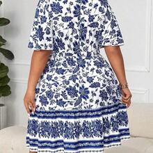 Holidaya Plus Size Women V-Neck Retro Print Casual Dress Curvy Summer Dresses Plus Size Floral Dress Plus Size Vacation Dress Women Summer Dresses Plus - Rosa Fucsia - Ver 3