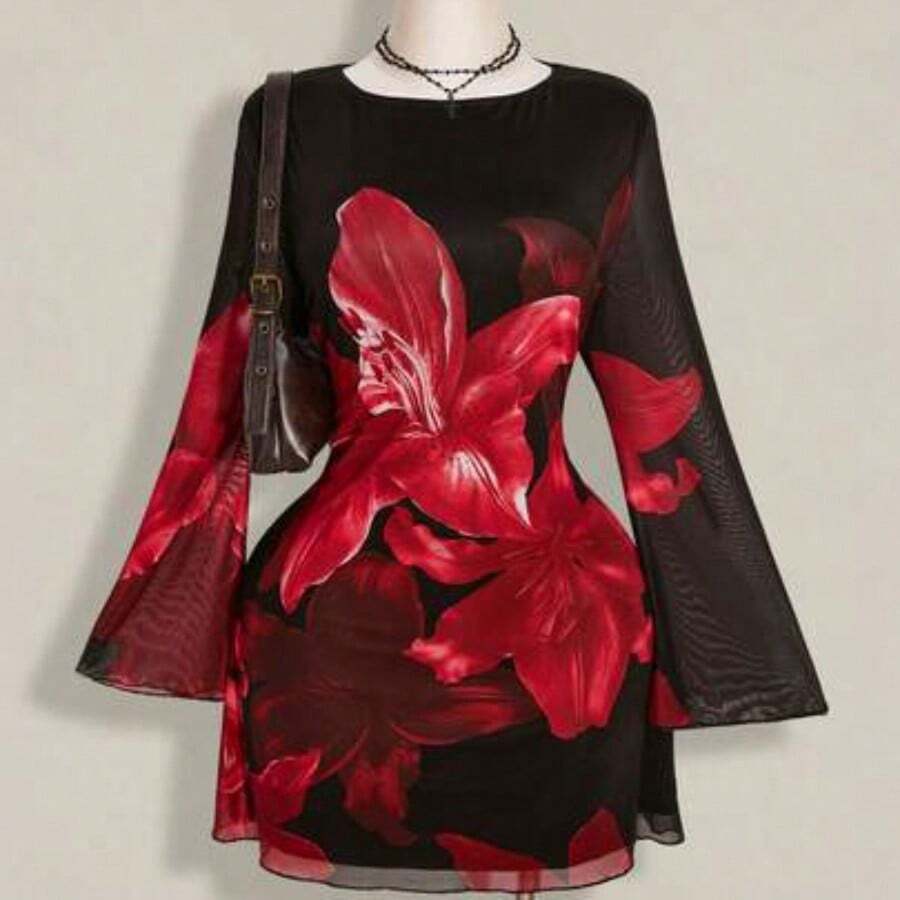 ICON Plus Size Women's Autumn Dresses, Women's Long Sleeve Dresses, Y2k Vintage Large Floral Mesh Trumpet Sleeve Sexy Festival Dress For Daily Wear - Rojo - Ver 1