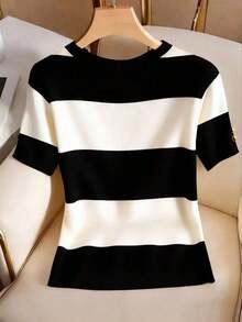 Camiseta casual de mujer de manga corta con cuello redondo, estampado de bloques de color y rayas - Multicolor 2 - Ver 2