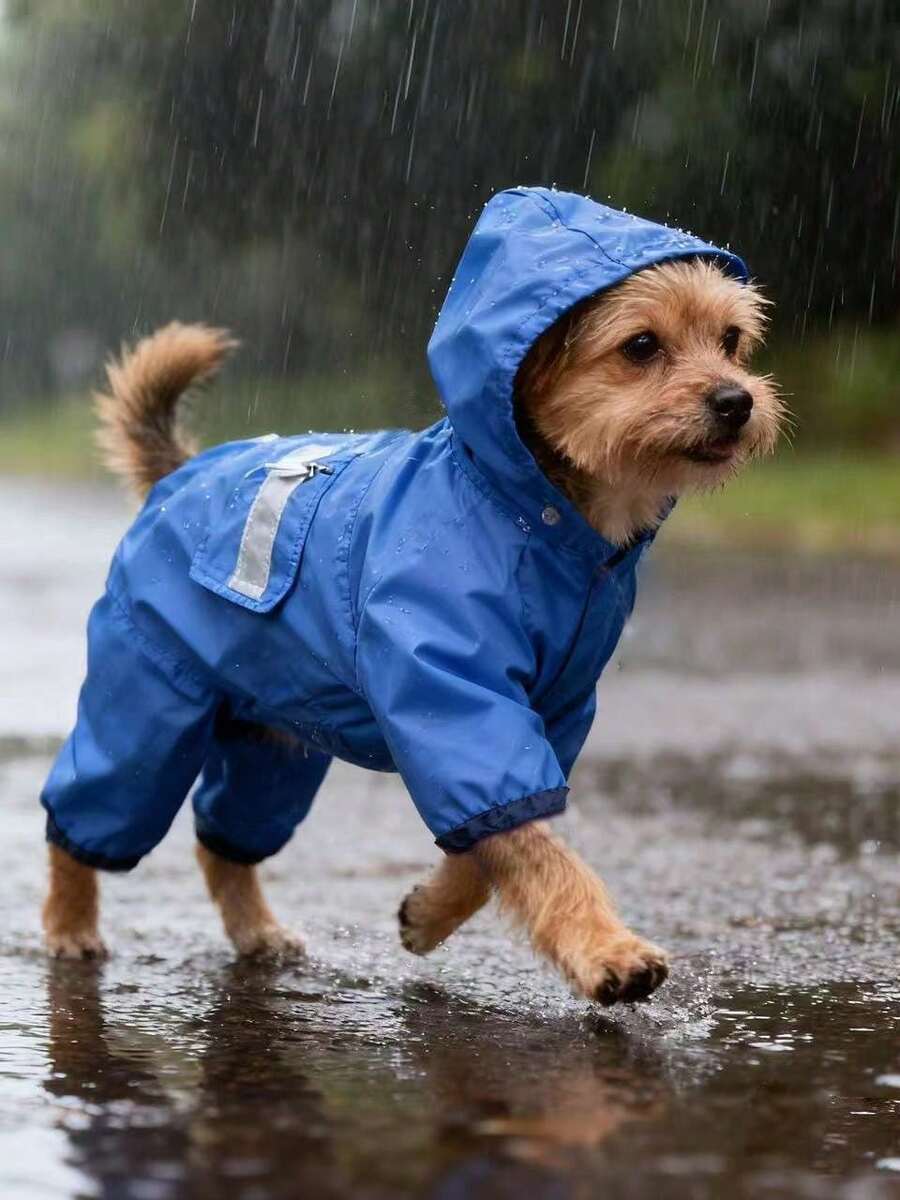 1pc Blue Pet Raincoat, Lightweight Polyester Fiber Reflective Strips Full Coverage 4-Leg Dog Outfit, Waterproof Pet Raincoat, Suitable For Small And Medium Poodle Dogs Year-Round Wear - Multicolor - View 1