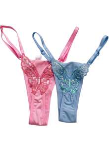 Butterfly Panties Kit 2 Microfiber Thong Lingerie Sexy Sensual Adjustable G-String - Guepardo Rosa y Azul Bebé - Ver 1