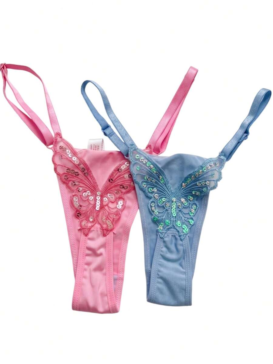 Butterfly Panties Kit 2 Microfiber Thong Lingerie Sexy Sensual Adjustable G-String - Guepardo Rosa y Azul Bebé - Ver 1