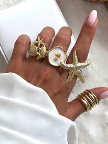 4 chiếc nhẫn hình sao biển và vỏ sò giọt nước kiểu Bohemian cổ điển, thanh lịch, mạ vàng, thích hợp cho nữ giới đeo hàng ngày, dự tiệc, đi biển, nghỉ mát, hẹn hò hoặc làm quà tặng. - Vàng - Xem 1