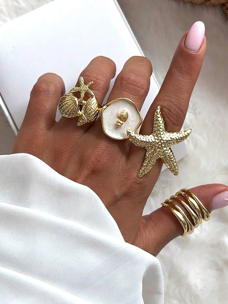 4 chiếc nhẫn hình sao biển và vỏ sò giọt nước kiểu Bohemian cổ điển, thanh lịch, mạ vàng, thích hợp cho nữ giới đeo hàng ngày, dự tiệc, đi biển, nghỉ mát, hẹn hò hoặc làm quà tặng. - Vàng - Xem 1