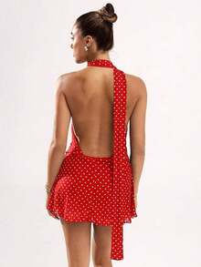 Vestido de tirantes mini con espalda descubierta y estampado de lunares elegante para mujer - Rojo - Ver 2