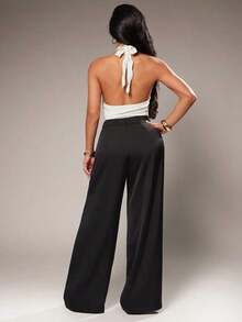 Pantalones anchos de pierna ancha de color café oscuro de moda minimalista para mujeres, pantalones de tela marrón de pierna ancha para el trabajo, pantalones de tiro alto de pierna ancha marrón para mujeres, pantalones de traje marrón para otoño/ - Negro 2 - Ver 5