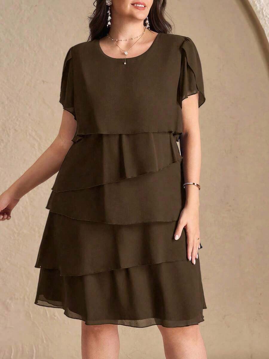 Reflora Vestido de moda con cuello redondo, mangas con volantes y estampado floral para mujer de talla grande - Marrón - Ver 1