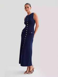New Collection Sleeveless Fitted Knit Dress With Round Neck - Blue - View 1