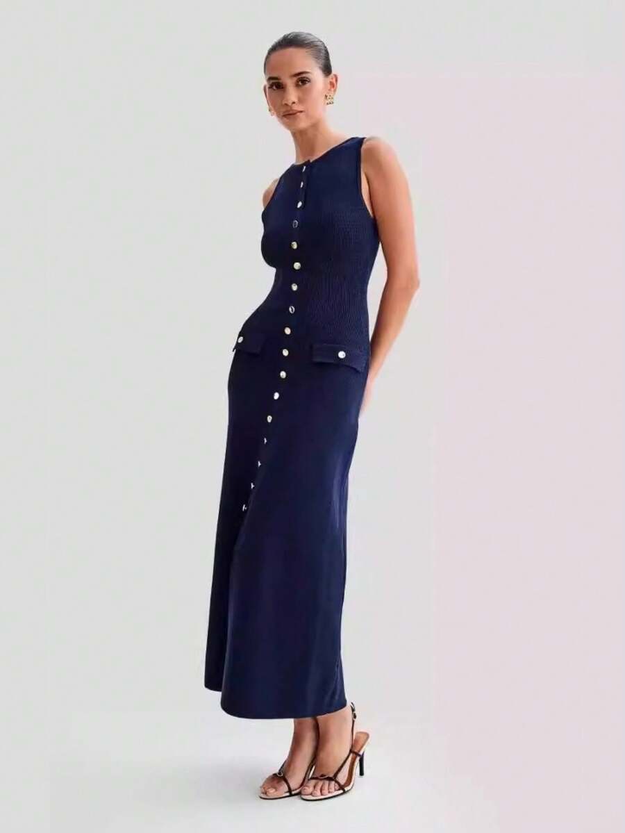 New Collection Sleeveless Fitted Knit Dress With Round Neck - Blue - View 1