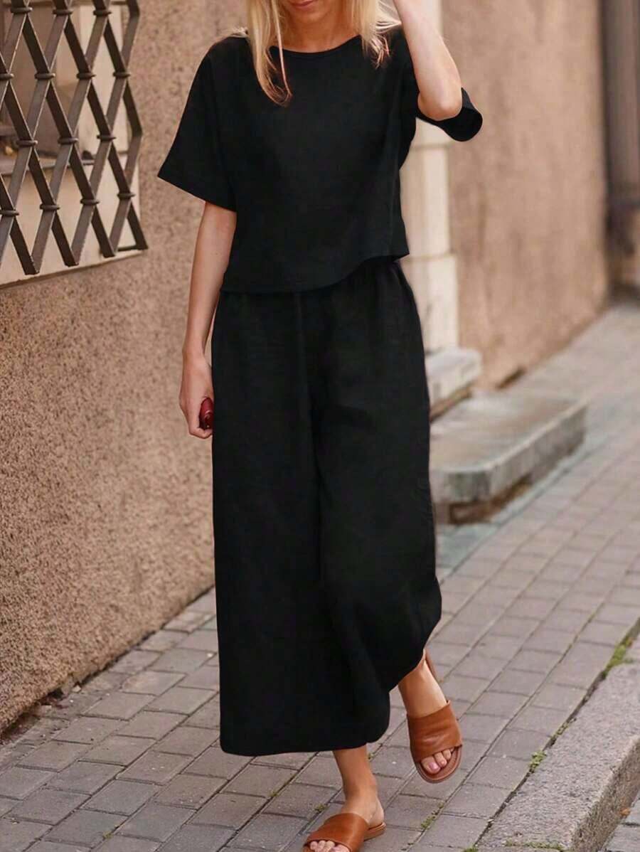 Conjunto De Top Y Pantalones Para Damas Con Cuello Redondo Y Mangas Murciélago - Negro - Ver 1