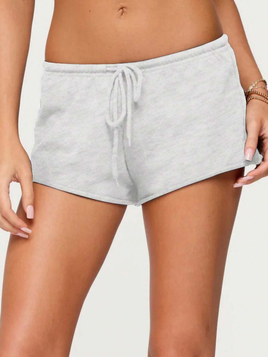 Women's Summer Drawstring Shorts Solid Color Low Waist Casual Breathable Short Pants - Grey - View 1