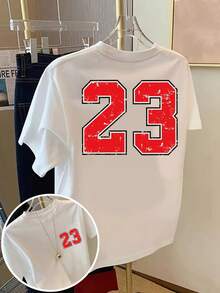 Number 23, Number Print T-Shirt S, Short Sleeve, Round Neck, Casual Spring/Summer Top, Women's Clothing, Y2k T-Shirt - 白色 - 查看 1
