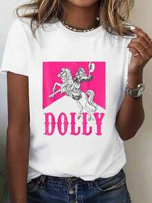 OversizeCamiseta de manga corta con cuello redondo para mujer, de una sola pieza, 100% casual, con estampado DOLLY, de tela de punto ligera de 100 gramos, lavable a máquina, cómoda para todas las estaciones, adecuada para actividades al aire libre y como un bonito regalo para las vacaciones. - Blanco - Ver 6