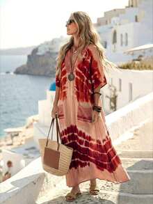 Vestido largo casual de mujer con estampado de teñido anudado, cuello en V verde, kimono de manga corta, bajo asimétrico, vestido de verano tipo kaftan para mujer, atuendo de playa, estilo mediterráneo, ropa bohemia - Marrón - Ver 3