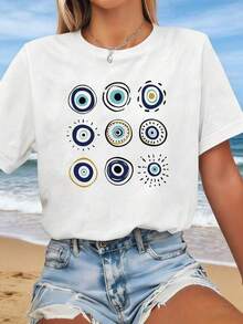 Camiseta de mujer de talla grande con estampado gráfico de ojos turcos azules, cuello redondo de manga corta, casual para verano y primavera, ropa de mujer de talla grande - Blanco - Ver 2