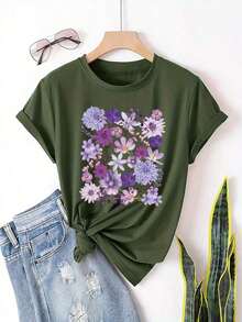 1 pieza de camiseta de manga corta con estampado floral para mujer, cuello redondo, ropa casual de primavera y verano, 180g, 100% algodón. - Blanco - Ver 9